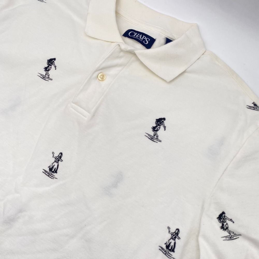 CHAPS Hula Dancer Embroidered Polo Shirt Mens Large White Cotton Tropical Summer